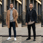 A series of four photos displayed in a grid, showing the same man modeling different streetwear outfits on a New York City street. The images demonstrate seasonal wardrobe rotation, featuring layered looks from a lightweight jacket and t-shirt to a camel overcoat and technical anorak, all built on core denim and sneaker staples