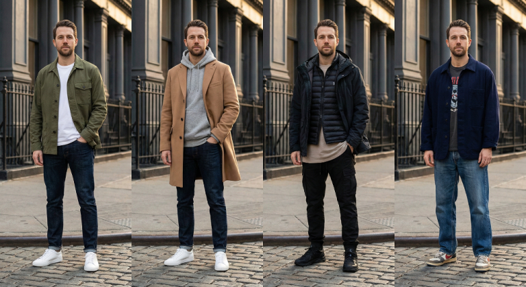 A series of four photos displayed in a grid, showing the same man modeling different streetwear outfits on a New York City street. The images demonstrate seasonal wardrobe rotation, featuring layered looks from a lightweight jacket and t-shirt to a camel overcoat and technical anorak, all built on core denim and sneaker staples
