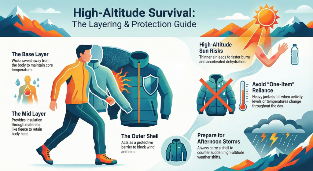 Diagram illustrating how to dress for altitude and afternoon storms