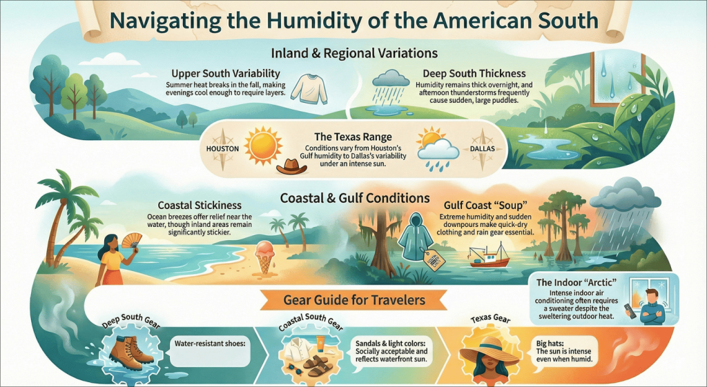 Diagram breaking down humidity conditions by Southern region. Upper South, Deep South, Coastal South, Gulf Coast, and Texas each have their own section with climate details.