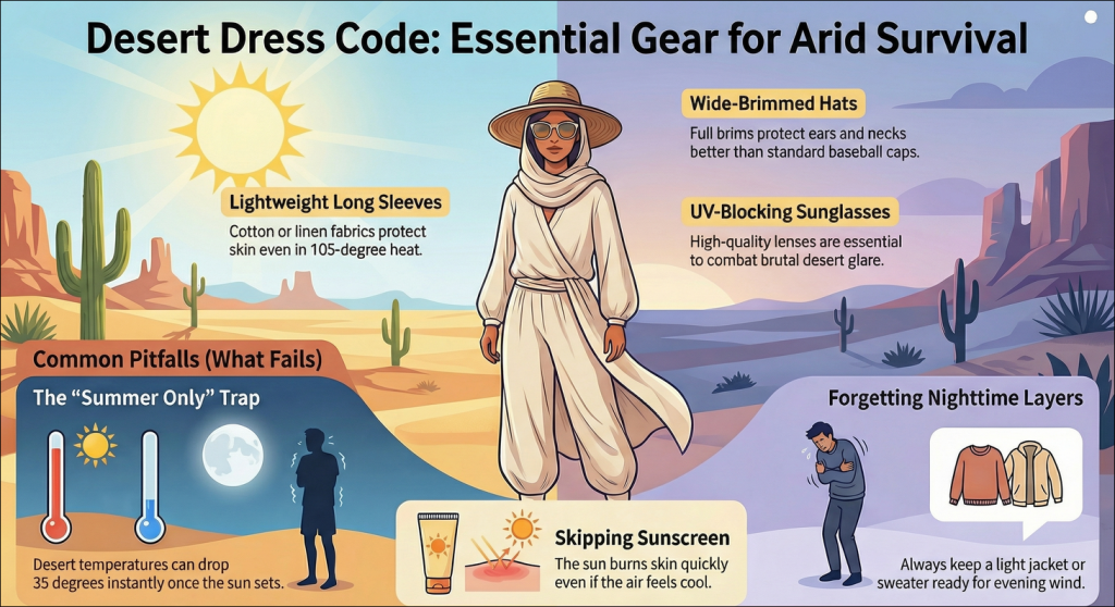 Diagram showing how climate shapes wardrobe choices in the desert Southwest, with long loose coverage and items you should not forget