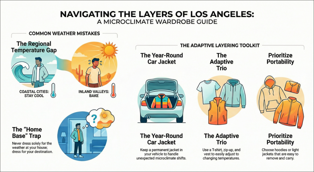 Diagram showing how climate shapes wardrobe choices on the West Coast, with layering pieces and the marine layer challenge