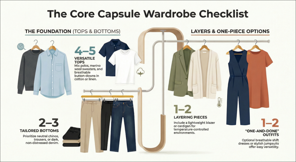 The Austin Smart-Casual Capsule Wardrobe.Shows four core clothing categories for a versatile, climate-appropriate work wardrobe: Bottoms, Tops, Layers, and One-and-Done options, emphasizing mix-and-match versatility.