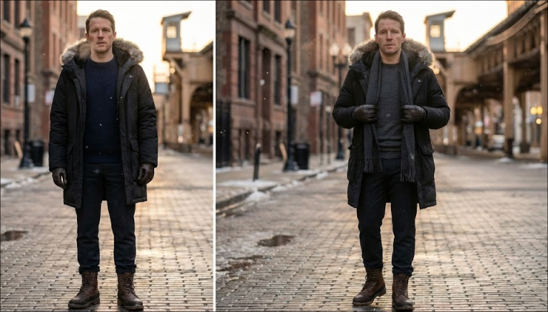 A person dressed for a Chicago winter on an urban street, practically demonstrating the three-layer clothing system: a merino wool base layer, thick wool sweater, and insulated waterproof parka, paired with wool trousers and waterproof boots.