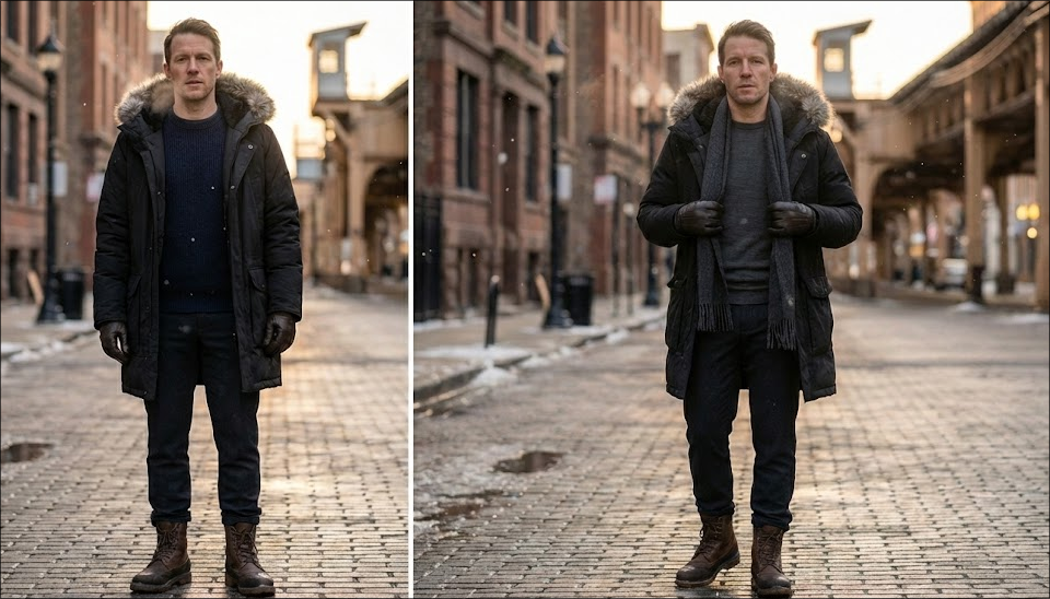 A person dressed for a Chicago winter on an urban street, practically demonstrating the three-layer clothing system: a merino wool base layer, thick wool sweater, and insulated waterproof parka, paired with wool trousers and waterproof boots.
