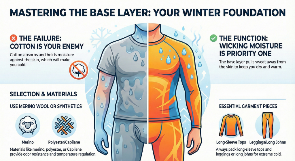 Diagram showing the base layer of a winter clothing system, with merino wool or synthetic fabric worn against skin. 