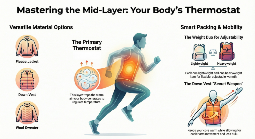 Diagram illustrating the mid-layer insulation system for Chicago winter: showing how fleece jackets, wool sweaters, and down vests trap body heat to create adjustable warmth. Highlights the core-warming benefit of a down vest without restricting arm movement.