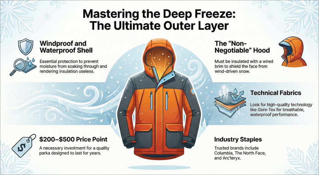 Diagram of the critical outer layer for Chicago winter: a protective parka shielding a person from wind, snow, and wet conditions. Highlights windproof/waterproof shell technology, insulated hood with brim, and how it seals the layered system for maximum protection against lake-effect weather.