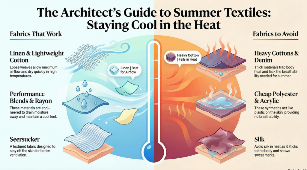 Fabric guide mindmap for humid Southern summers. Breathable fabrics to wear listed on one side. Trapping fabrics to avoid listed on the other.