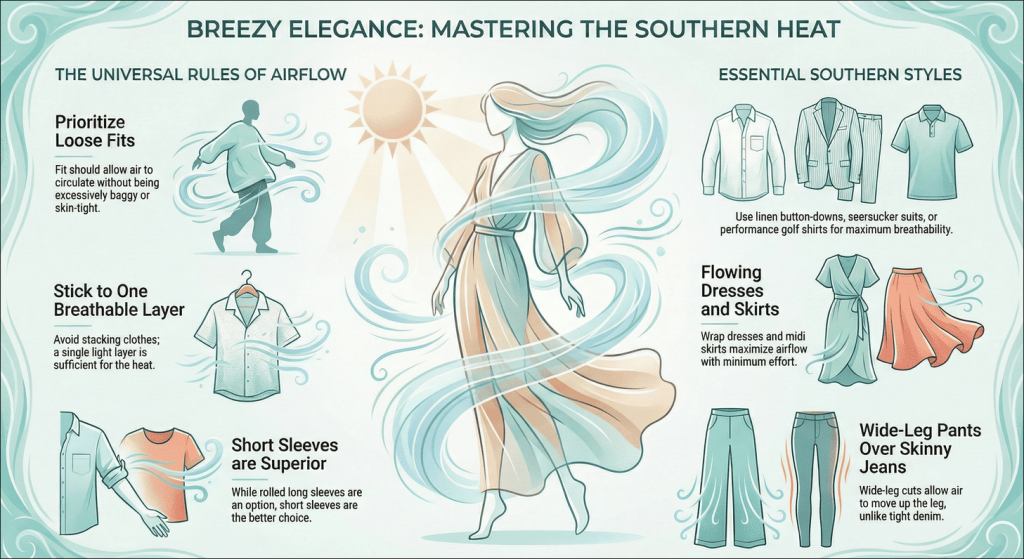 Visual guide to clothing cuts that work in Southern humidity. Loose fits recommended. Tight fits discouraged. Separate tips for men and women including dresses, pants, and button-downs.