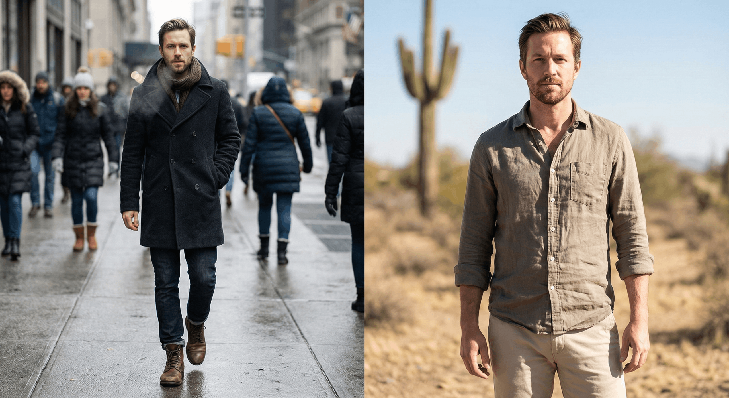 Split image illustrating climate contrast between NYC cold weather gear and desert warm weather essentials