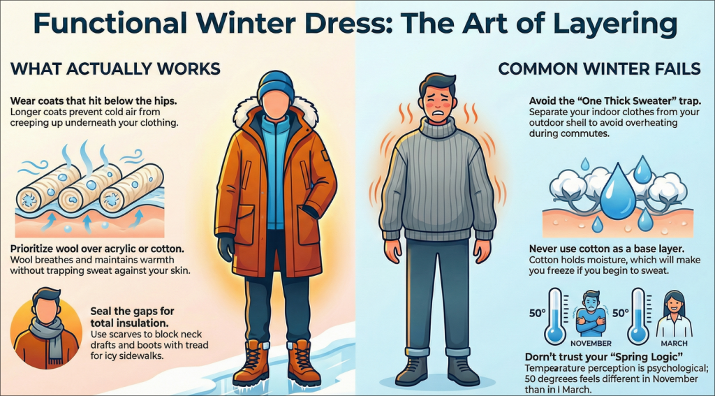Diagram showing how climate shapes wardrobe choices in the Northeast and Midwest, with essentials like wool coats and common mistakes to avoid