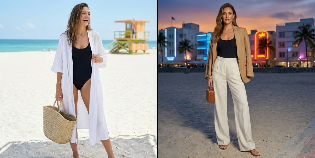 A visual guide showing the same woman transforming her Miami outfit from day to night. Left panel: wearing a black swimsuit and white kaftan on the beach. Right panel: wearing the same swimsuit as a base with added ivory linen pants, a tan blazer, and a leather clutch for evening.
