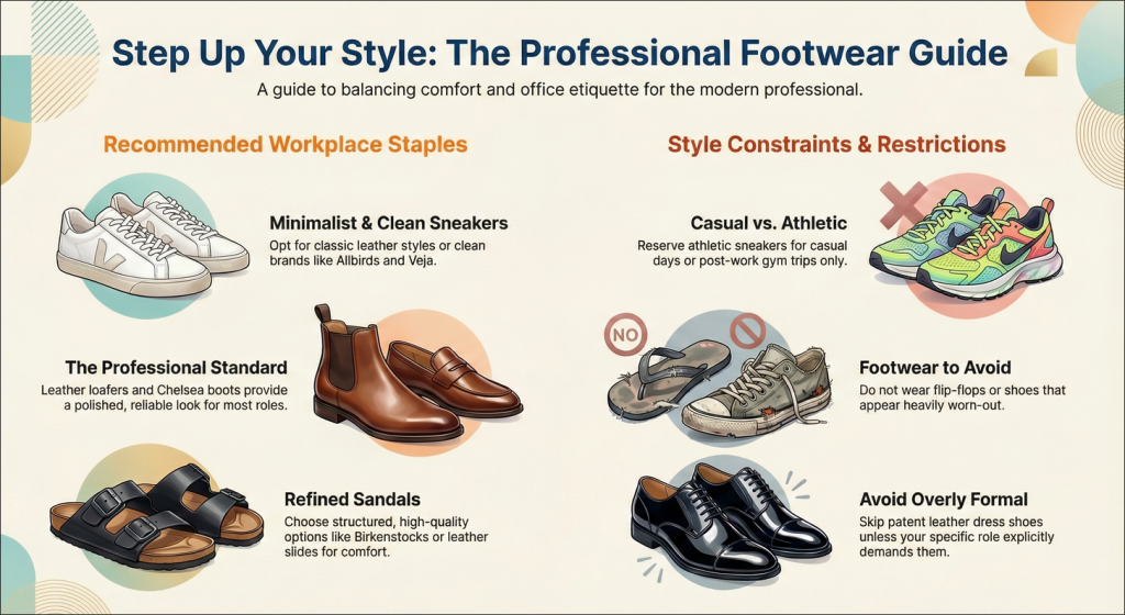 Austin Smart-Casual Footwear Guide. It divides shoes into three categories: Excellent Choices like clean sneakers and loafers, Context-Dependent items like athletic sneakers, and shoes to Avoid like flip-flops.