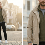 Split-frame image showing a full-body candid shot and an upper-body detail of a model wearing the three-tier layering system for San Francisco foggy days: merino wool base, fleece mid layer, and unzipped windproof shell.