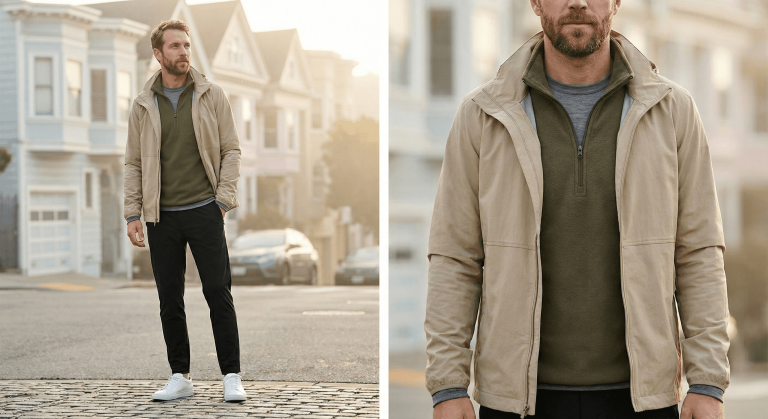 Split-frame image showing a full-body candid shot and an upper-body detail of a model wearing the three-tier layering system for San Francisco foggy days: merino wool base, fleece mid layer, and unzipped windproof shell.