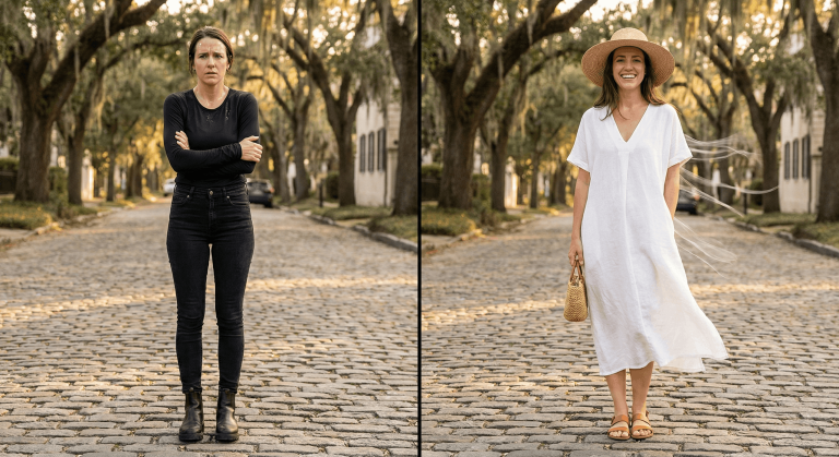 Split image comparing wrong and right ways to dress for southern summer humidity. Dark tight clothes on left with sweat and frown. Light loose linen on right with smile and cooling breeze.