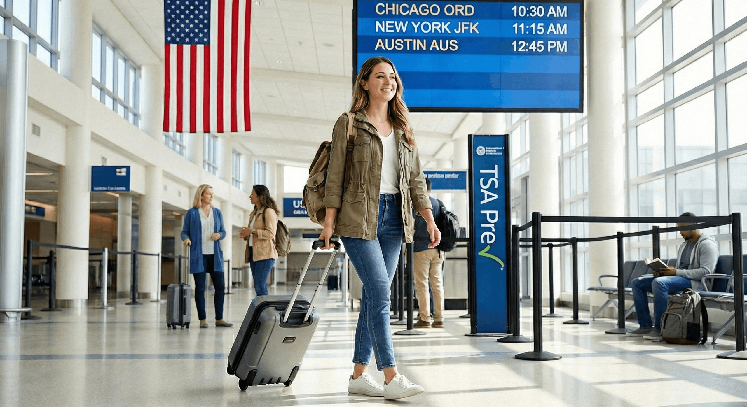 A young woman walking through a US airport terminal with a carry-on suitcase and backpack. An American flag and TSA sign are visible in the background. She looks relaxed and ready for a US city weekend trip.